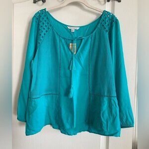 American Eagle AE Eyelet Peasant Top Blouse tassels Turquoise NWT boho Large